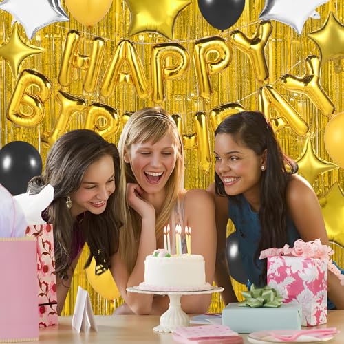 Image of Happy Birthday Banner 13pcs 16 Inch Mylar Foil Letters with 2 Pack Curtain Party Backdrop 32pcs Latex Balloon Birthday Party Decorations Party Decor Supplies for Kids and Adults (Gold)