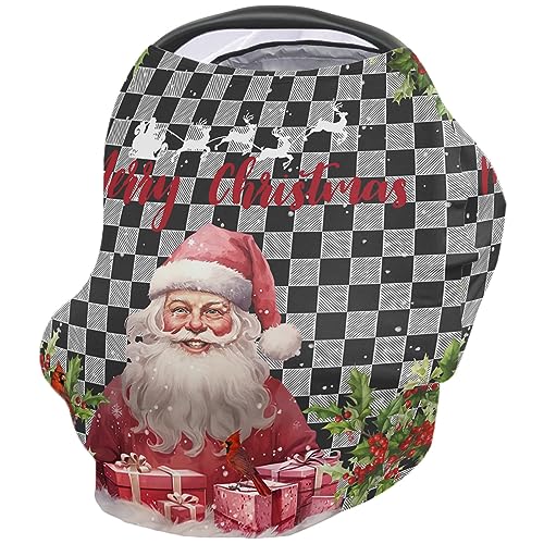 Nursing Cover for Breastfeeding Scarf, Merry Christmas Pink Santa Claus Black Striped Plaid Baby Car Covers Super Soft Multi Use for Canopy Shopping Cart Cover Blanket Stroller Cover