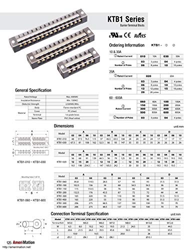 KTB1-02006, Barrier Terminal Block, 6 Poles, 600VA 20A, M4 Screw, L91xW30xH19.5mm, Flame Retardant Polycarbonate
