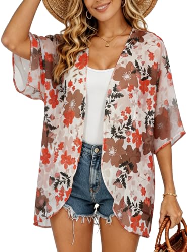 Image of FINOCEANS Womens Floral Chiffon Kimono Cardigans Loose Beach Cover Up Half Sleeve Tops