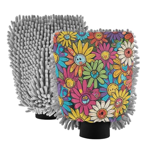 ALAZA Colorful Daisy Flower Cartoon Car Wash Mitt Scratch Free, 2 Pack Absorbent Microfiber/Chenille Washing & Drying Mitts, L