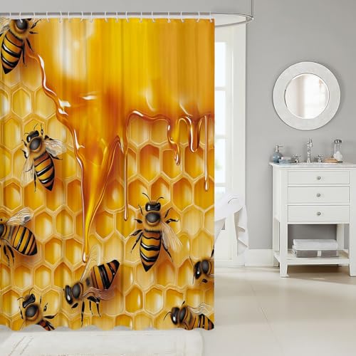 Image of Feelyou Honeycomb Bathroom Shower Curtain Set Cute Bees Shower Curtain Beehive Hexagon Bath Curtain for Stalls Bathtubs Geometrics Microfiber Waterproof Bathroom Curtains Room Decor 72x72 Inch