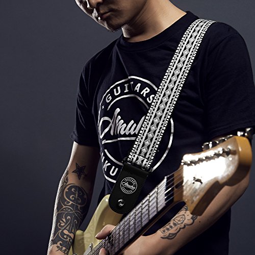 Amumu Guitar Strap Hootenanny Black White Cotton For Acoustic, Electric And Bass Guitars With Strap Blocks & Headstock Strap Tie #TOP6
