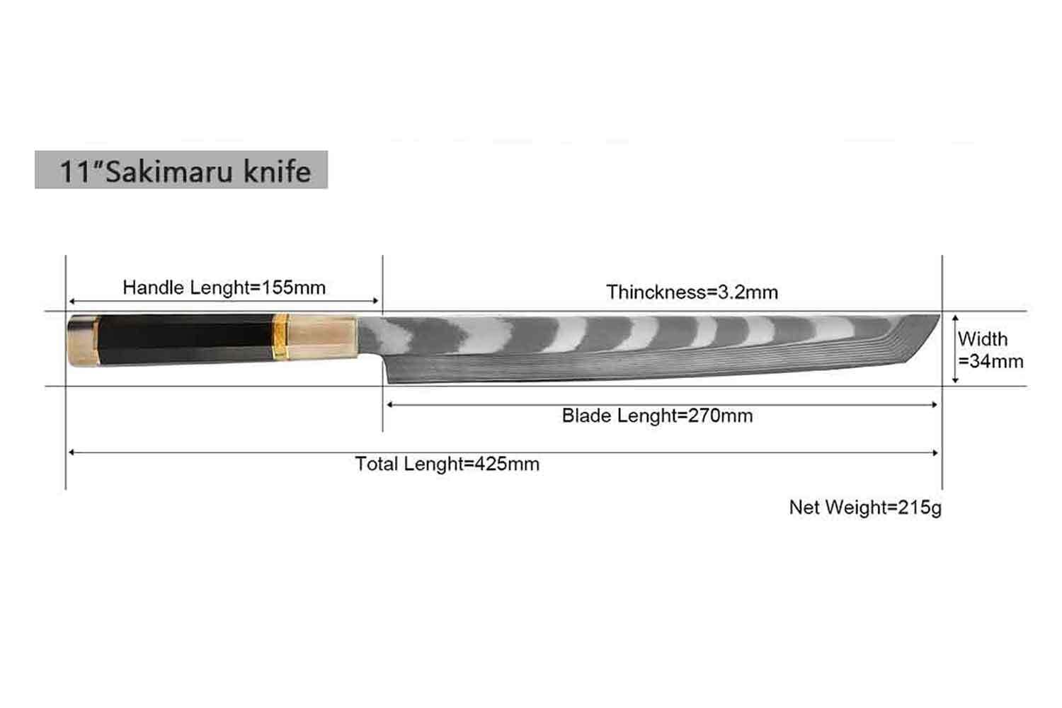 Sakimaru oder Yanagiba Messer Mit achteckigen Ebenholz- und Büffelhorngriff Lachsmesser und Filetmesser für Sushi und Fisch Damast Edelstahl 33 Lagen sehr scharf 43 cm