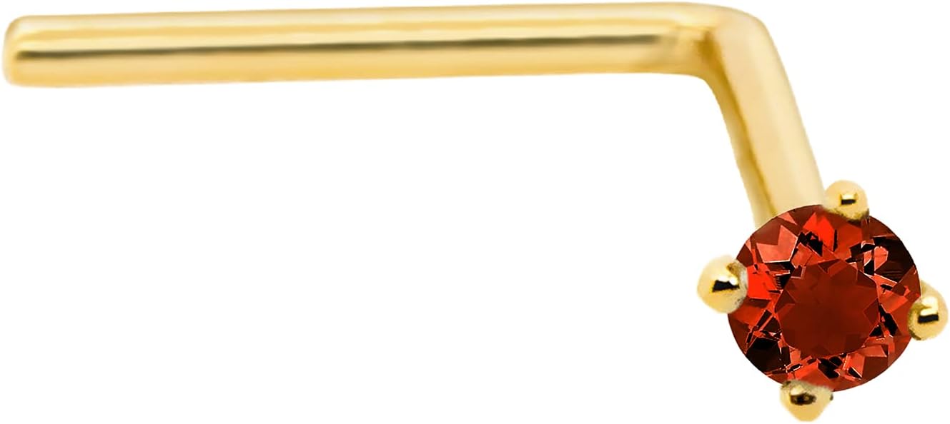22G Solid 14Kt Gold L-Shape Nose Stud with real Garnet Gemstone, 14kt Yellow Gold or 14kt White Gold Prong Setting - January Birthstone Nose Ring