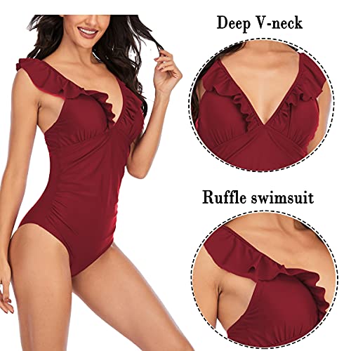 Misolin-Damen-Badeanzug-mit-Rueschen-Volant-Einteiliger-Bademode-V-Ausschnitt-Strandbikini