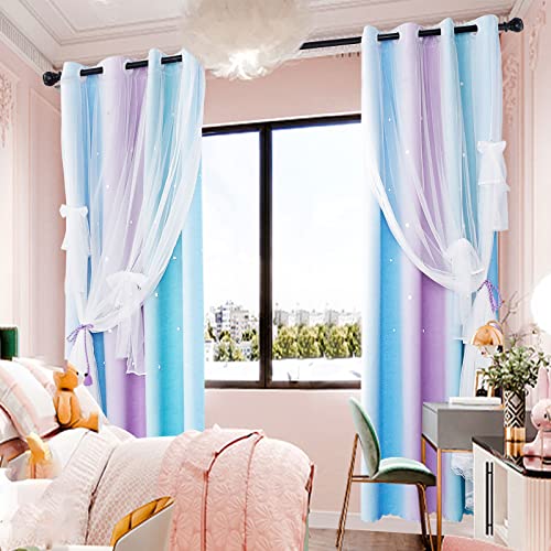 MINGPINHUIUS Star Curtain Blackout Curtains for Kids Girls Bedroom Living Room Double Layer Stars Curtains Elegant Drapes Star Window Curtain with Net Sheers - Image 2
