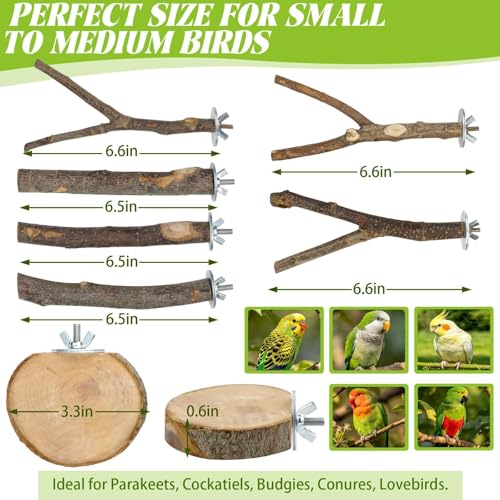 Image of 8 PCS Bird Perch Set for Cage - Natural Apple Wood Platforms & Hardwood Branches for Parakeets, Budgies, Cockatiels - Small Bird Habitat Gym, Climbing Stand & Safe Chew Toys