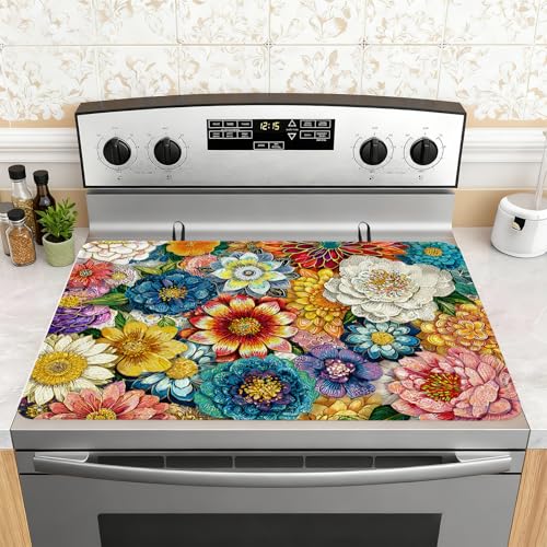 Image of Boho Floral Stove Top Cover for Electric Stove, Bohemia Ethnic Style Range Covers for Electric Stove, Rubber Dish Drying Mat, Glass Cooktop Covers, Flat RV Range top Mats, 28 inchx20 inch