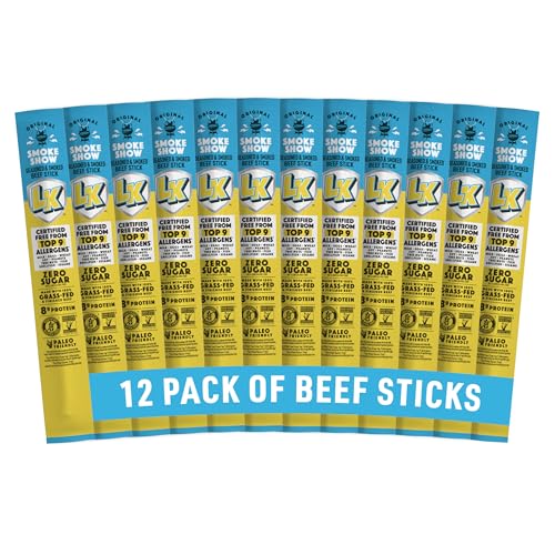 Lorissa's Kitchen Smoke Show Seasoned & Smoked Beef Sticks - (Pack of 12) 1 oz Meat Sticks - Ready to Eat Protein Snacks - Free from Top 9 Allergens - Made with Grass-Fed & Finished Beef - Zero Sugar