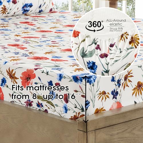 Image of FreshCulture Floral Bed Sheets - Ultra Soft Queen Sheet Set - Brushed Microfiber Floral Sheets - Deep Pockets up to 16 inch - Easy Care - Hotel Luxury 4 Piece Flower Printed Sheets Queen, Le Jardin