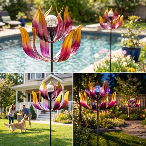 Image of Solar Wind Spinners Outdoor for Yard and Garden, 61'' Lotus Kinetic Wind Sculptures with Color Changing LED Crackle Glass Globe, Metal Yard Art Decor for Patio Lawn, Garden Gifts for Women /Mother