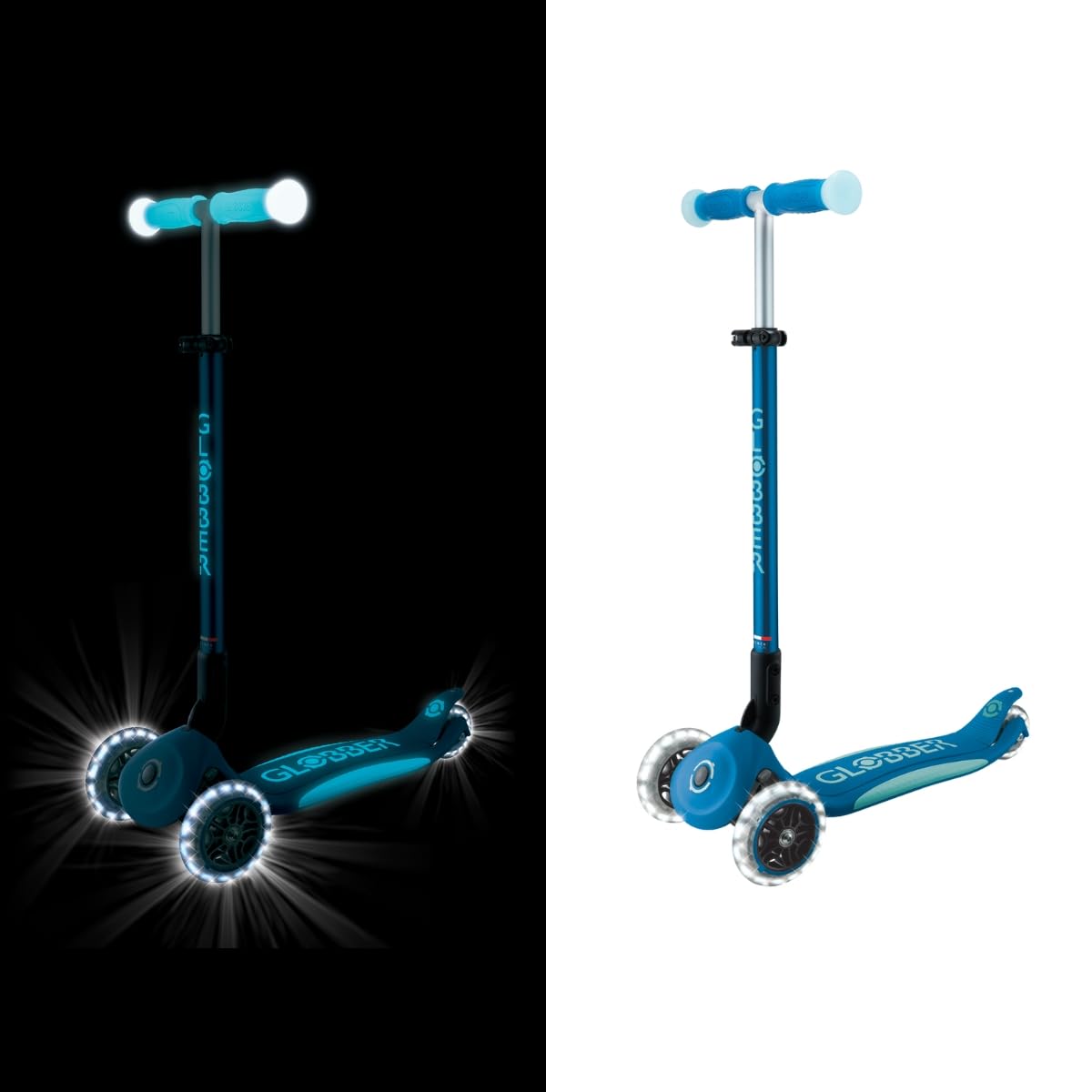 GLOBBER Elite Glow Lights hulajnoga dla dzieci, 120/80 mm, 3-kołowa, regulowana, kółka LED, efekt świecenia, petrol