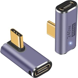 Poyiccot Right Angle USB C to USB C Adapter 240W, 90 Degree USB C Adapter 40Gbps, 8K USB C Male to USB C Female Type C Extender Adapter with LED Light for ipad,Thunderbolt/ USB4, Steam Deck, 2Pack