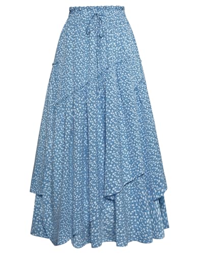 Scarlet Darkness Women Floral Print Boho Skirt Elastic High Waist Long Maxi Skirts with Pockets Blue Floral S