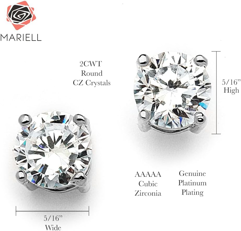 Mariell Cubic Zirconia Crystal Stud Earrings, 2 Carat Round CZ Solitaire, Imitation Diamond Earrings. - Image 5