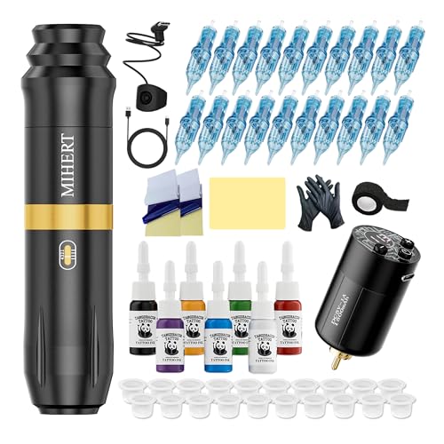 MIHERT Tattoo Gun Kit with Wireless Rotary Tattoo Machine, 1500mAh Battery, 20 Tattoo Cartridge Needles, 7 Tattoo Inks, Tattoo pen for Beginners and Professionals (Golden)