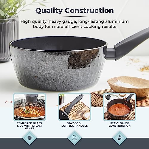 Tower Diamo 3 Piece Cookware Set, 18cm/20cm/22cm Saucepans with Tempered Glass Lids, Black Diamond Non-Stick Ceramic Coating, Black - Image 6