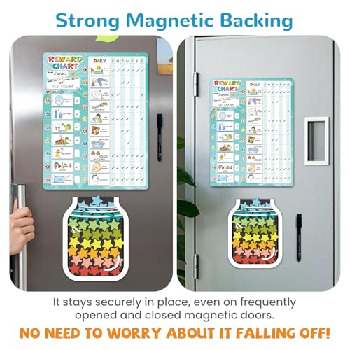 Image of JJPRO Magnetic Reward Chart for Kids with Reward Jar- Behavior Reward Chart System, Toddlers Daily Routine,Visual Schedule Board,96 Reusable Stickers& 45 Star Tokens to Motivate Responsibility-Blue