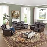 Seruancielo Bonded Leather Living Room Furniture, 3 Pieces Recliner Sofa Set with Cup Holders&Storage Console, Manual Reclining Leather Couches for Living Room (Brown, Sofa+Loveseat+Chair)