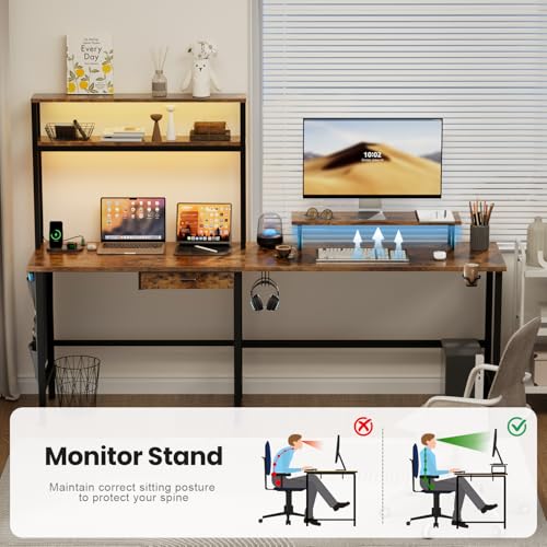 Image of HLDIRECT L Shaped Desk with LED Light & Power Outlet, 59 Inch Reversible Corner Gaming Desk with Storage Shelves & Drawer, Computer Table with Monitor Stand, Home Office, Work, Study, Rustic Brown