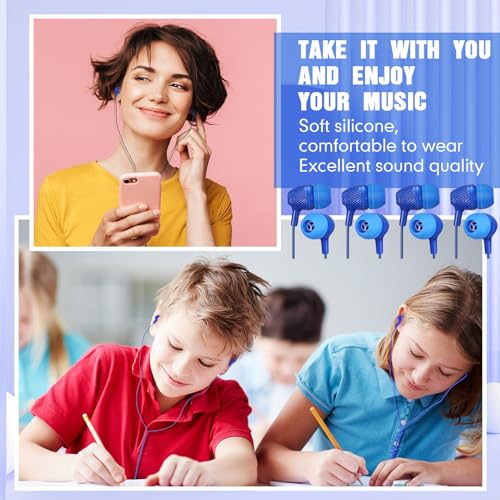 Image of Macarrie 200 Pack Earbuds Bulk Earphones 3.5 mm Classroom Headphones for Adult Assorted Colors Earbud Wired Earphone Without Mic for Adult Office Home Individually Bagged(Blue)