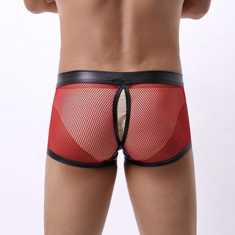Men's Sexy Underwear with Large Mesh Breathable Low Waist Hollowed Out Boxer Briefs Leather Mesh3