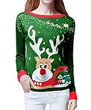 Women's Ugly Christmas Sweater, V28 Ladies Girls Cute Reindeer 3D Nose Sweater