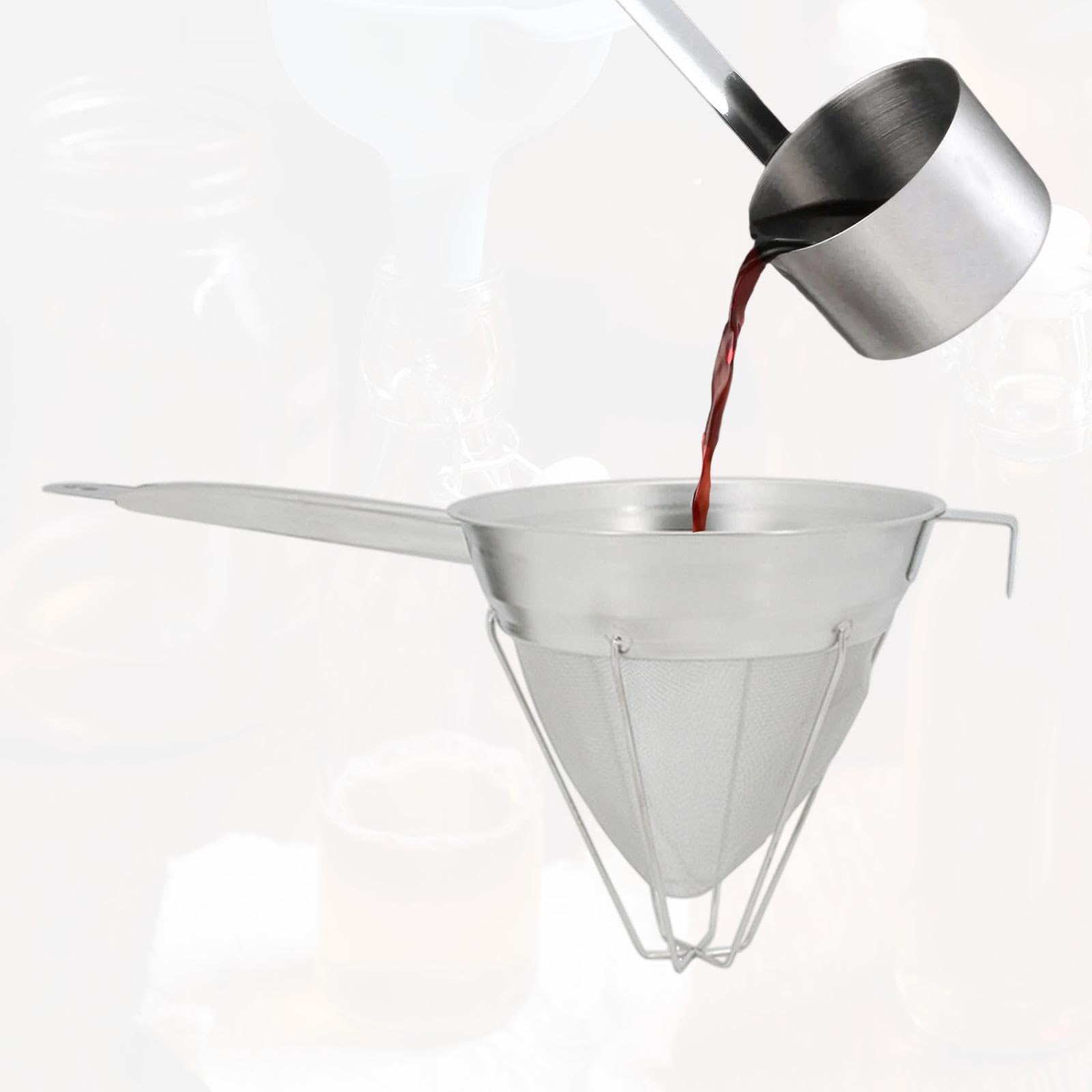 Tamiz de malla fina con mango largo, con soporte, con base, cesta de filtro de cocina, embudo de filtro estable para harina, zumo, azúcar (25 cm)