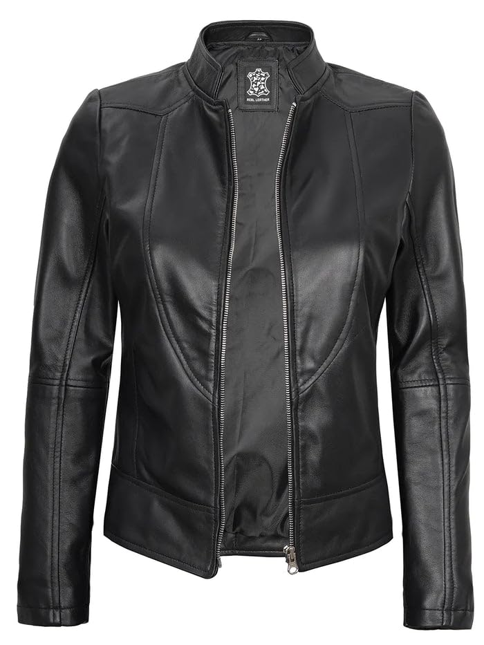 Womens Biker Leather Jacket- Real Lambskin - Cafe Racer Style Jacket For Womens