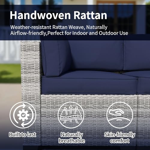 Image of 7 Piece Patio Furniture Set, Rattan Outdoor Patio Conversation Sets, Outdoor Sectional Furniture with Thickened Cushion and Coffee Table, for Deck, Backyard, Garden, Off-White & Dark Blue