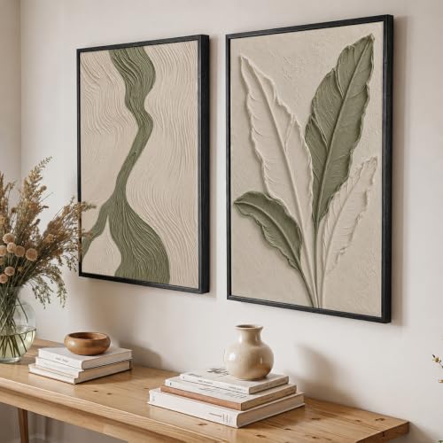 Image of NoWorries Textured Botanical Leaf Wall Painting Set of 2 with Frame | Sage Green & Beige Abstract Nature Artwork, Minimal Modern Wall Decor for Living Room, Bedroom, Office and Home Decoration (Art-11, 17x25inch)