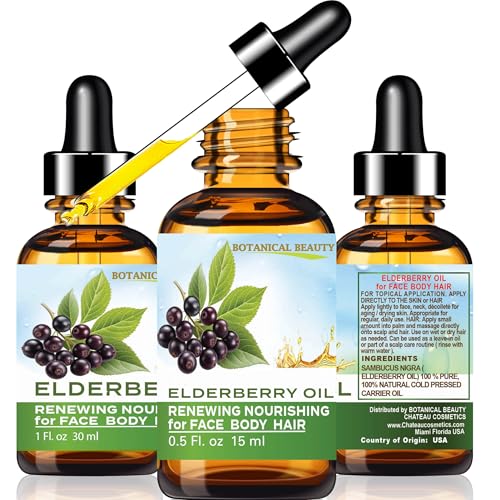 Botanical Beauty ELDERBERRY OIL Sambucus Nigra 100% Pure Natural Virgin Unrefined Cold Pressed Carrier Oil 0.5 Fl. Oz.- 15 ml for Face Skin Hair Nails Moisturizing. Rich in Vitamin E
