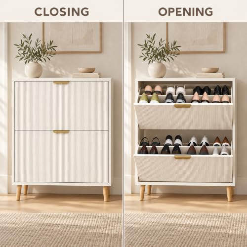 Shoe Cabinet Storage with 2 Flip Drawers, White - Image 5