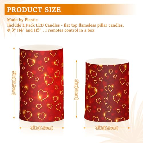 Image of Valentines Lights Flameless Candles Valentines Glden Red Hearts Pillar Candles Set of 2 Battery Operated Remote Control Warm Lights Home Decor