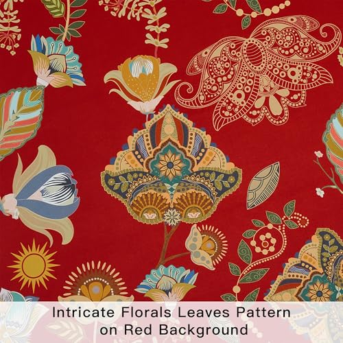 Image of XiDi Red Floral Patterned Blackout Curtains 96 Inches Long 2 Panels | for Bedroom Living Room Thermal Insulated Luxury Vintage Flower Curtains Botanical Leaf Printed Grommet Window Drapes 52x96