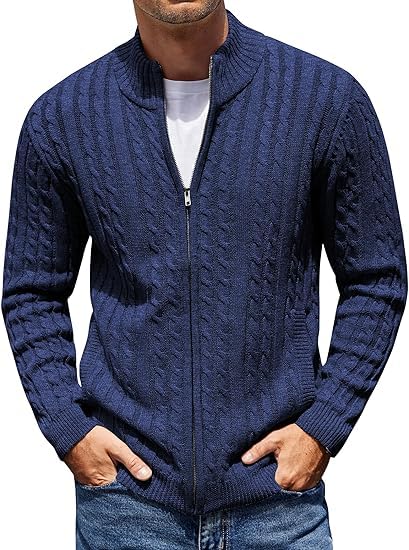 Image of TYSORT Men's Cotton Full Sleeve High Neck Full Zipper Sweater for Men, Cable Knitted Cardigan for Men