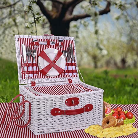 Picknickkorb Für 4 Personen Aus Weide - Isoliert, Mit Schultergurt, Decke & Komplettem Geschirr-Set (Grünes Karo)