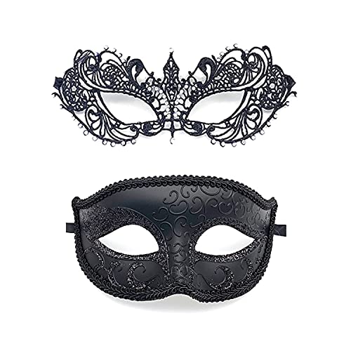 Vtrem 2Pcs Masquerade Mask Eye Mask Costume Black Masks Lace Mask for Couples Women and Men Halloween Costume Mask Christmas Costume Accessory
