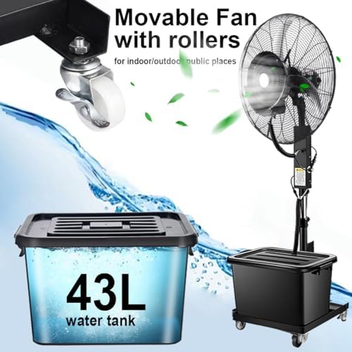 Portable Misting Fan - Industrial 43L Outdoor Cooling Fan with 3 Speeds & 90° Oscillation, Ideal for Garage & Commercial Use, 320W, 26"/30" Size