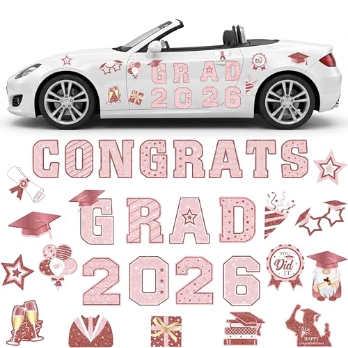 Image of Landhoow 30 Pcs Graduation Car Magnets 2026 Senior Graduation Car Decoration Bumper Sticker Congrats Grad Magnet Magnetic Refrigerator Decal for Grad Parade Party Supplies (Pink, Rose Gold)