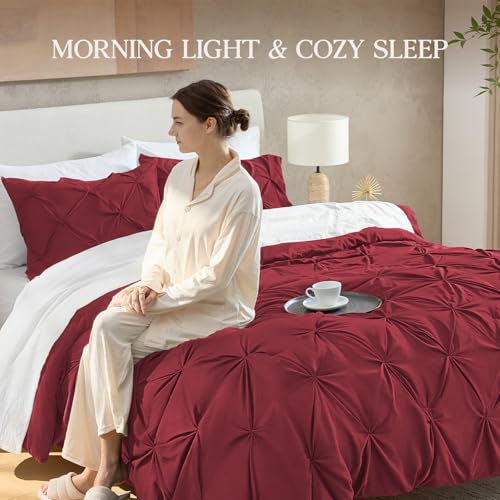 Image of Andency Full Pinch Pleat Comforter Set (79 inchx90 inch),3 Piece Lightweight Pintuck Bedding Comforters & Sets, Fluffy Down Alternative Comforter with 2 Pillow Shams for All Season,Burgundy