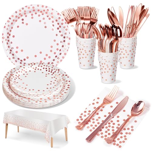 Nkaiso Paper Plates Napkins Cups Set, 141 Pieces Rosegold Kids Bi...