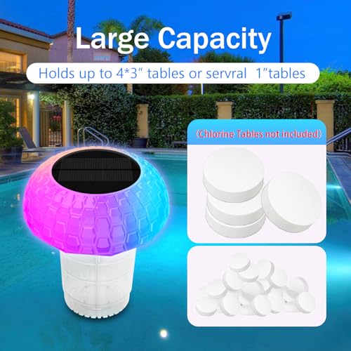 Solar Pool Chlorine Floater, Floating Pool Dispenser with Color Lights, Adjustable Release & Easy Opening to Fit 1"& 3" Chlorine Tabs, Remote Control Chlorine Floater for Hot Tub Spa