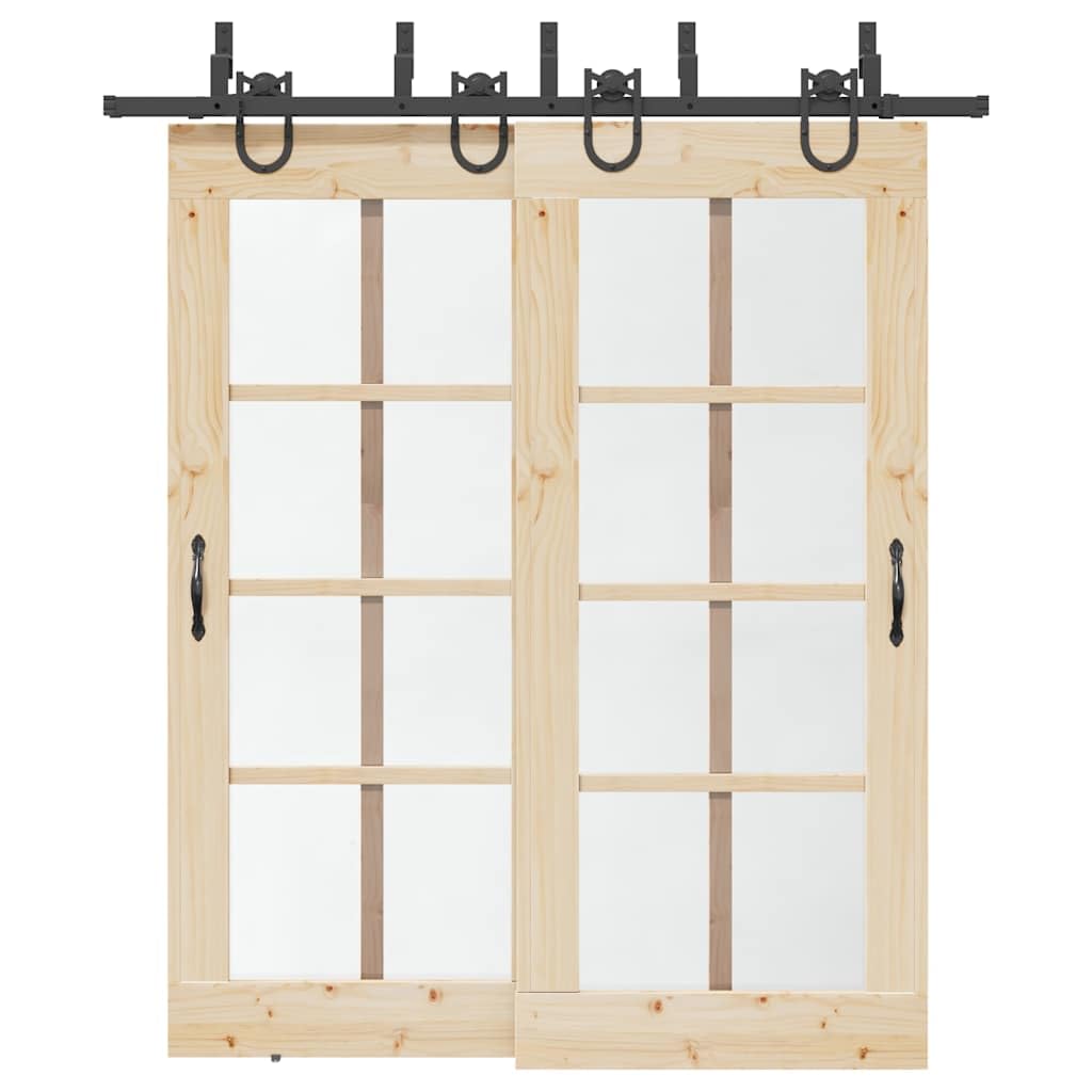 Juego de herrajes para puerta corredera de 200 cm de acero con recubrimiento en polvo negro con ruedas, topes de puerta, soporte de derivación para puertas de granero, accesorios de montaje