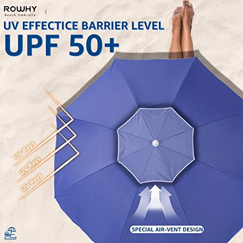 ROWHY 7.5FT Beach Umbrella UV 50+ Outdoor Portable Sunshade Umbrella With Push Button Tilt Sand Anchor and Carry Bag for Patio Garden Beach Pool Backyard (Royal Blue)