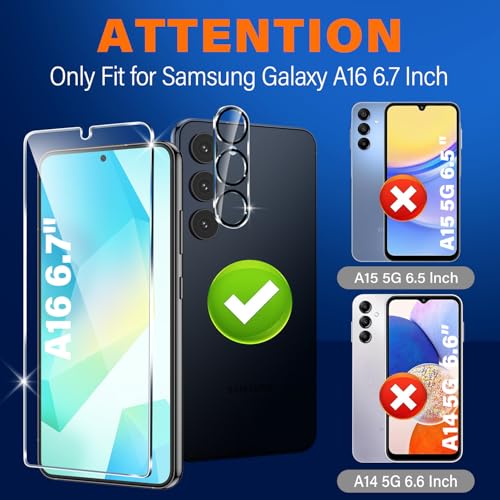 firtstnow 3 Pack for Samsung Galaxy A16 5G Screen Protector Tempered Glass + 3 Pack Camera Lens Protector, Military Grade Shatterproof, 9H Hardness, Fingerprint Unlock, Case Friendly 6.7 Inch - image 2