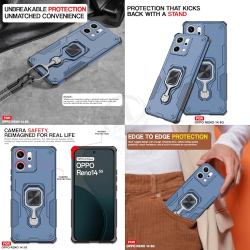 Image of AESTMO Armor Back Cover for Oppo Reno 14 5G | Ring Holder & Kickstand & Camera Protection in-Built | 360 Degree Protection Back Case Cover (Blue)