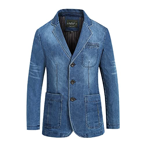 Chaqueta de Mezclilla Ajustada para Hombre Casual Blazer Vaquera Chaquetas de Traje de Algodón Vintage Slim Fit Chaqueta de Negocios de Mezclilla con 3 Botones y Múltiples Bolsillos Azul claro XL