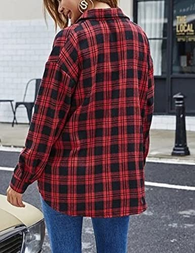 Image of HangNiFang Womens Flannel Plaid Shirts Oversized Button Shirts Blouse Tops